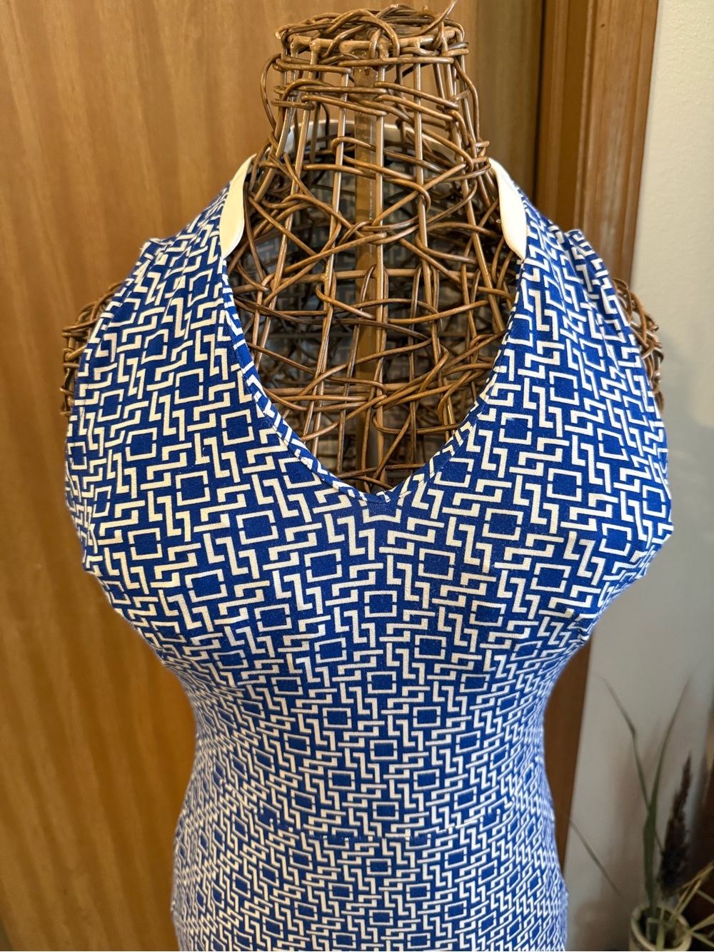 Ann Taylor Blue and White Geometric Halter Midi Dress with V-Neck - Picture 2 of 8